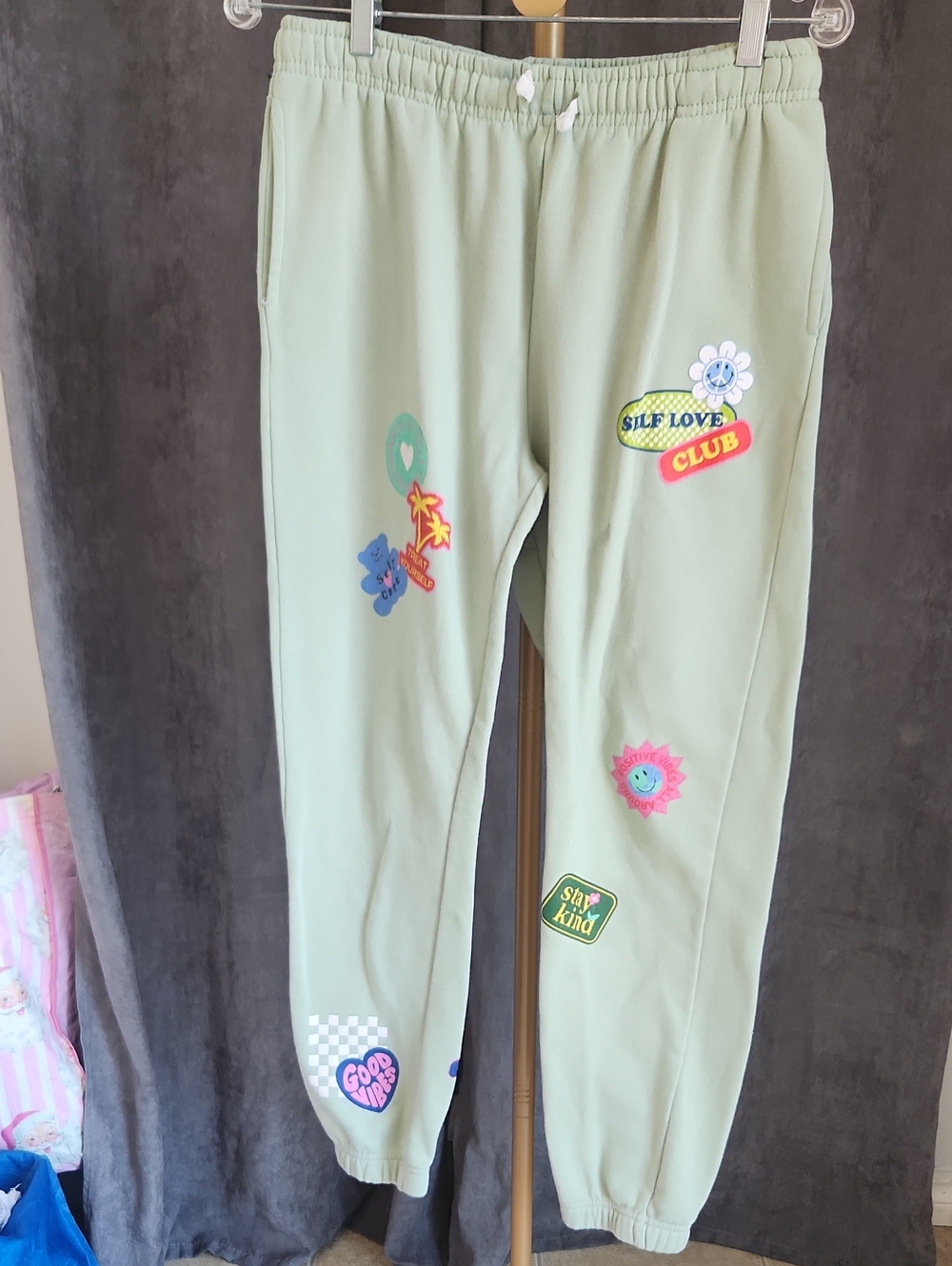 Sage Green Graphic Jogger Sweatpants with Patch Details